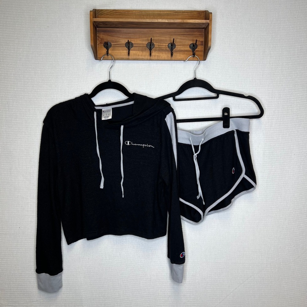 Champion‎ Womens Hoodie and Shorts Set Black Grey Athletic Lounge Wear Size L